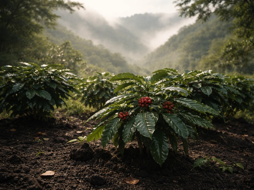 Shade-grown coffee plants in misty hills of southern Mexico, with tropical cloud-forest atmosphere