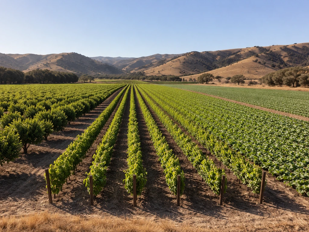 Panoramic view of California farms with vineyards, orchard trees, and field crops under sunny sky.