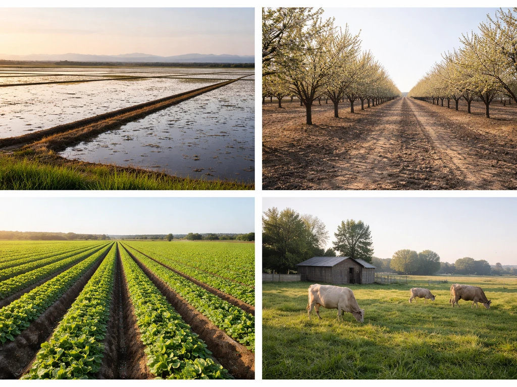 Minimal photo collage showing California agriculture categories: rice field, almond orchard, vegetable beds, dairy cows.