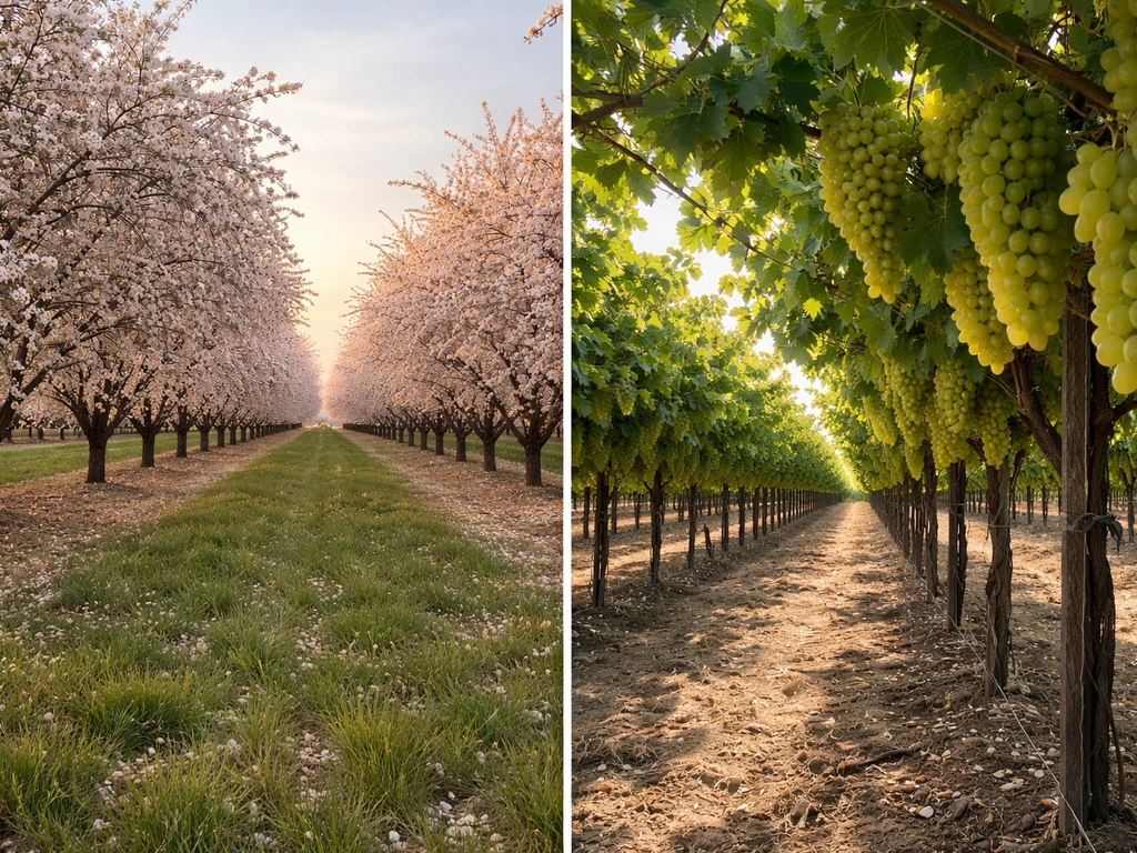 Split view of blooming almond orchard on one side and green grapevine trellis on the other.