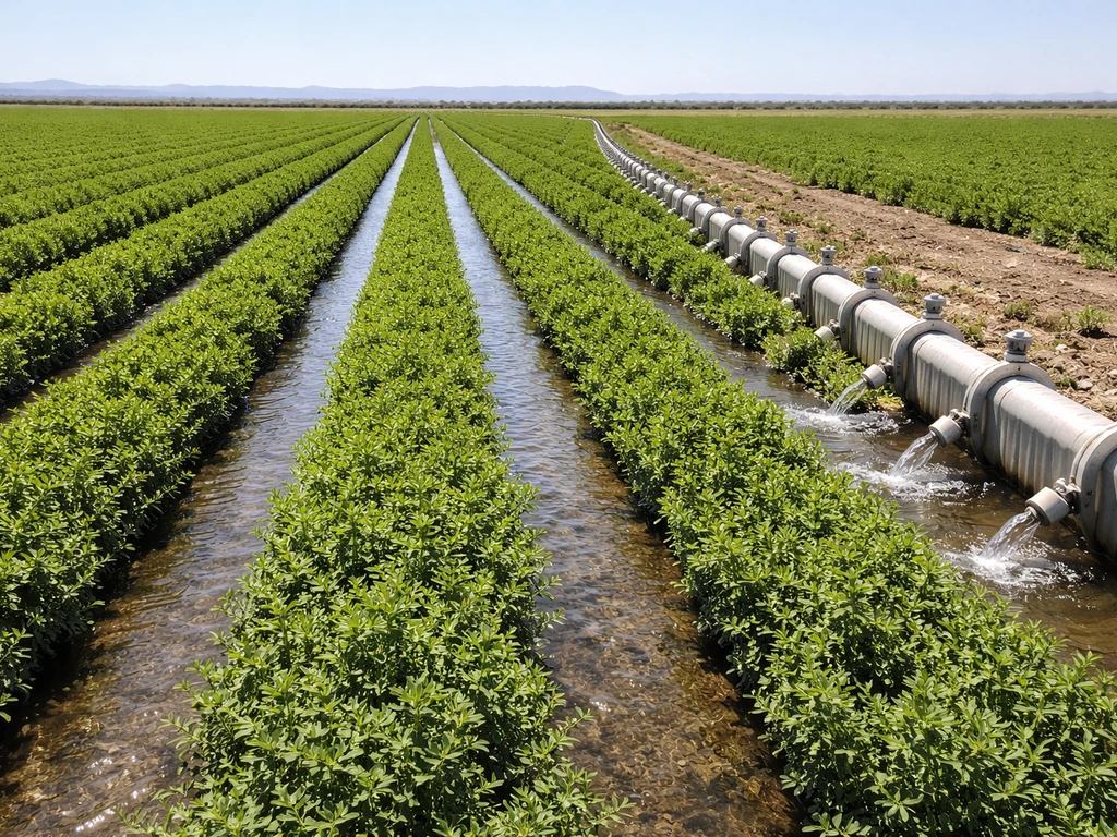 Irrigated alfalfa field with visible irrigation channels and gated pipes under bright sky.