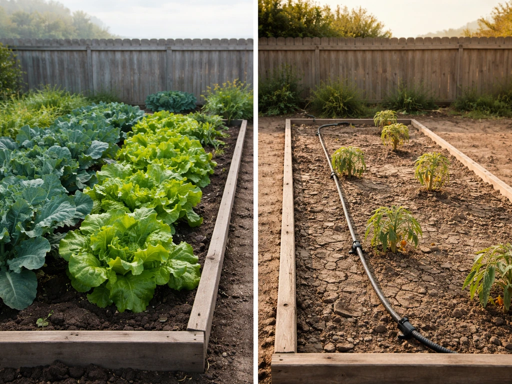 Split view of garden beds: cool moist coastal greens on one side, drier inland soil with drip irrigation on the other.
