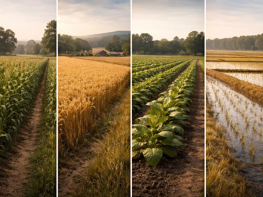 Four colonial crop fields side-by-side: maize, wheat/rye, tobacco, and rice by region landscapes.