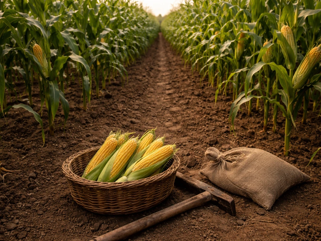 Colonial-era cornfield with neat maize rows and hand tools in earthy soil