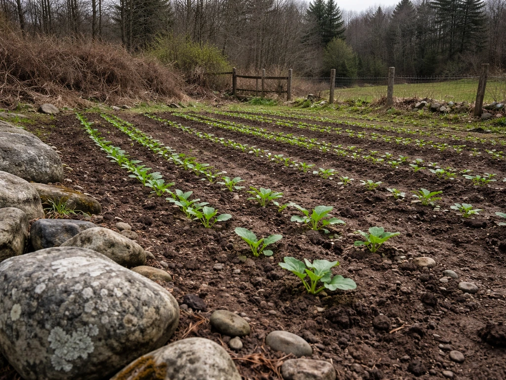 Rocky New England field with fresh seedlings emerging from cold, stone-studded soil under overcast skies.
