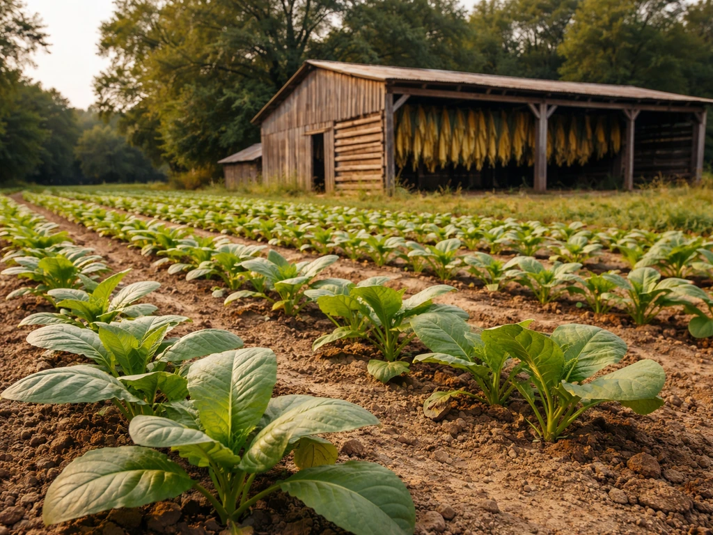 Close view of green tobacco plants in a rural field near a simple wooden curing shed.