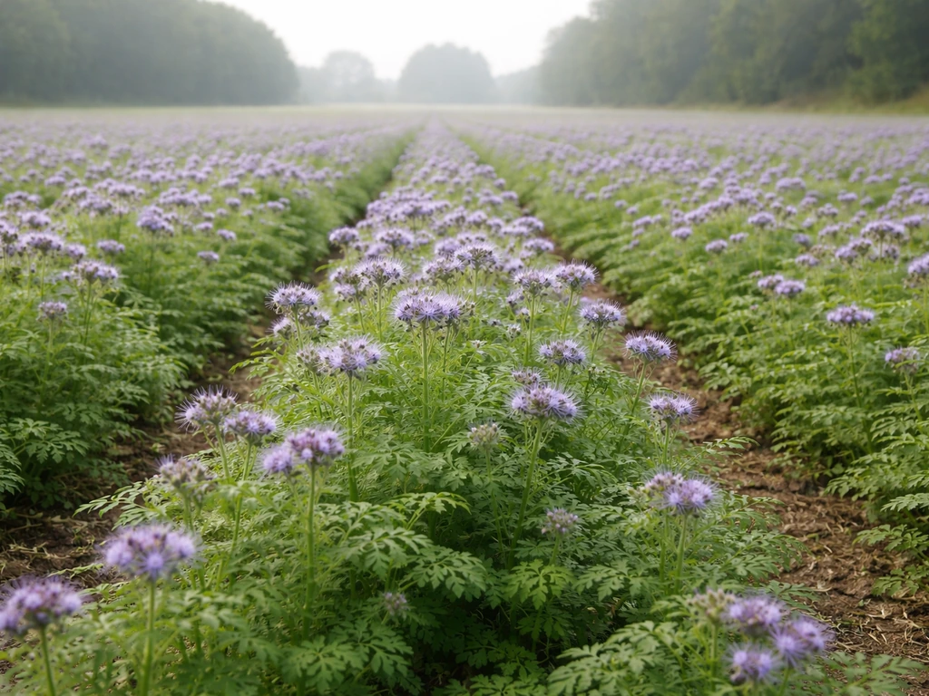 Close view of phacelia cover crop filling soil quickly in an open farm field