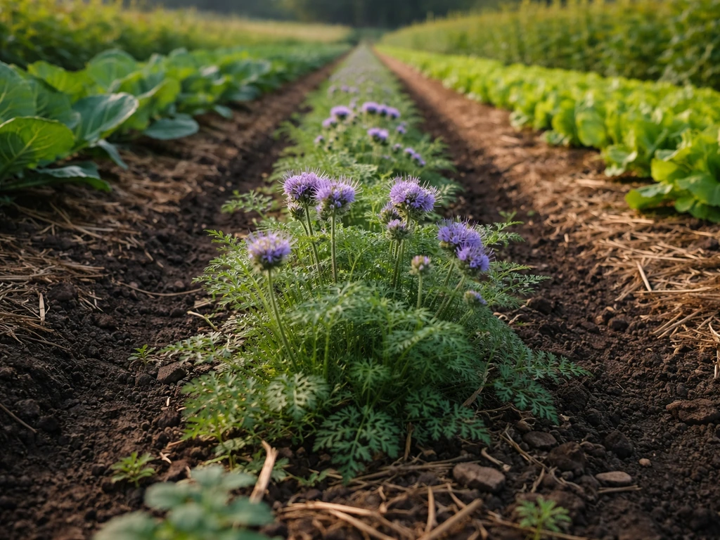 Blue-purple phacelia flowers growing between neatly spaced cash crop rows in a vegetable garden bed.