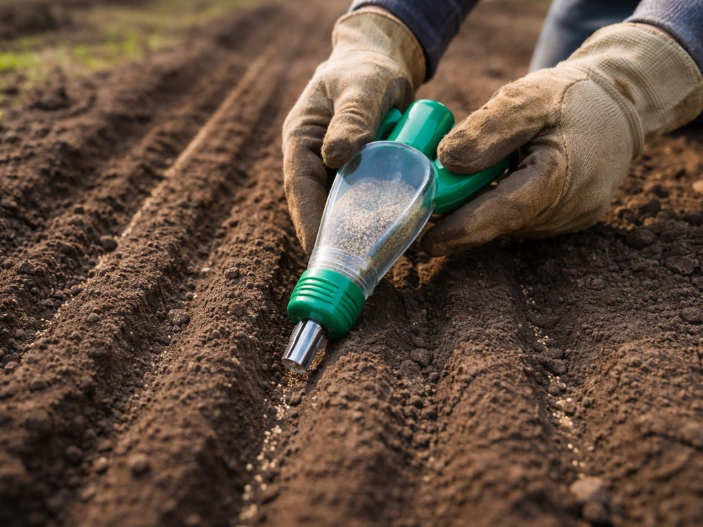Farmer using a simple hand seeder to place shallow rows of phacelia seeds in prepared soil.