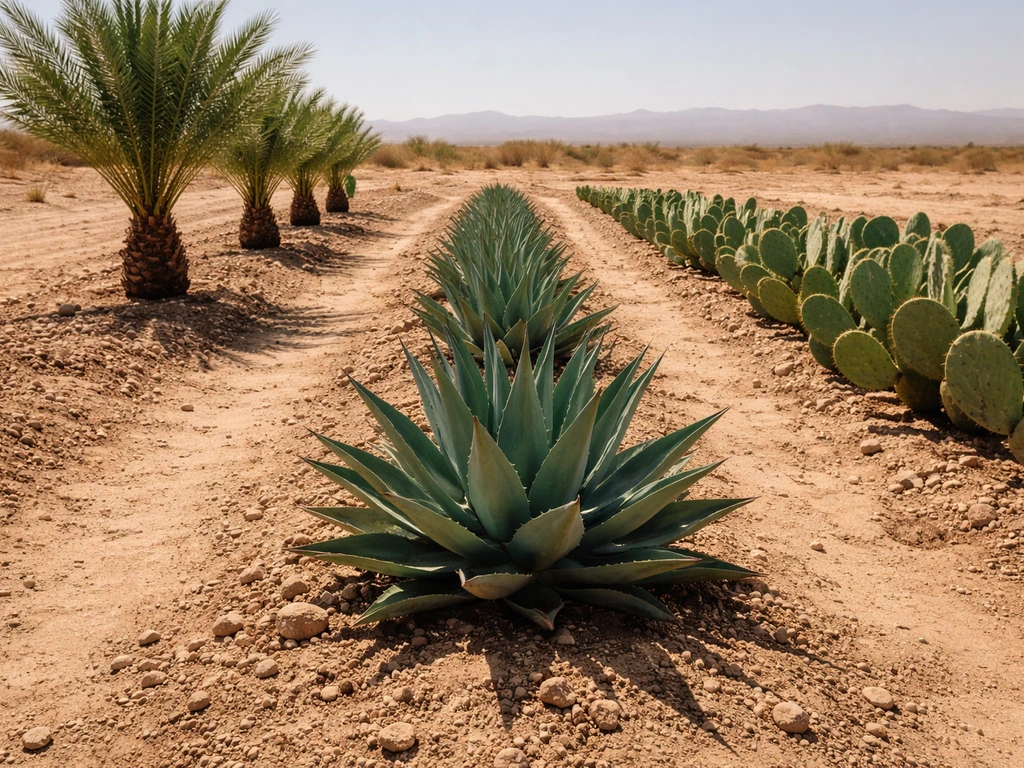 Date palm, agave, and prickly pear growing in dry desert soil under bright natural light.