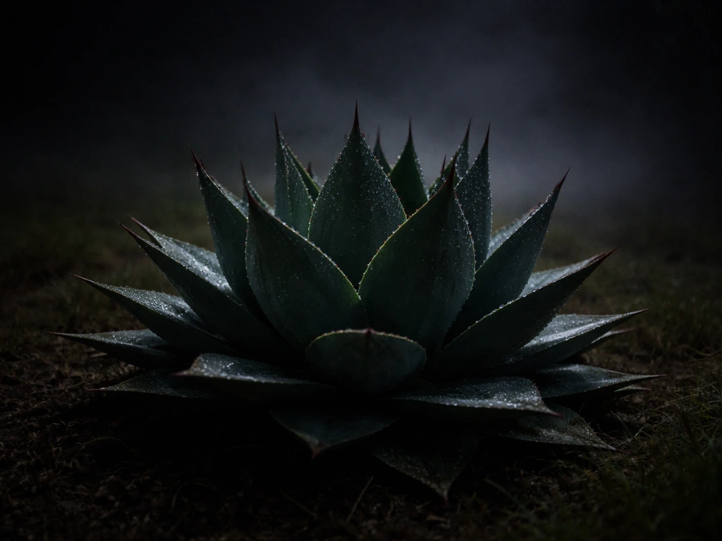 Nighttime agave rosette covered with dew under soft low light and faint humid haze.
