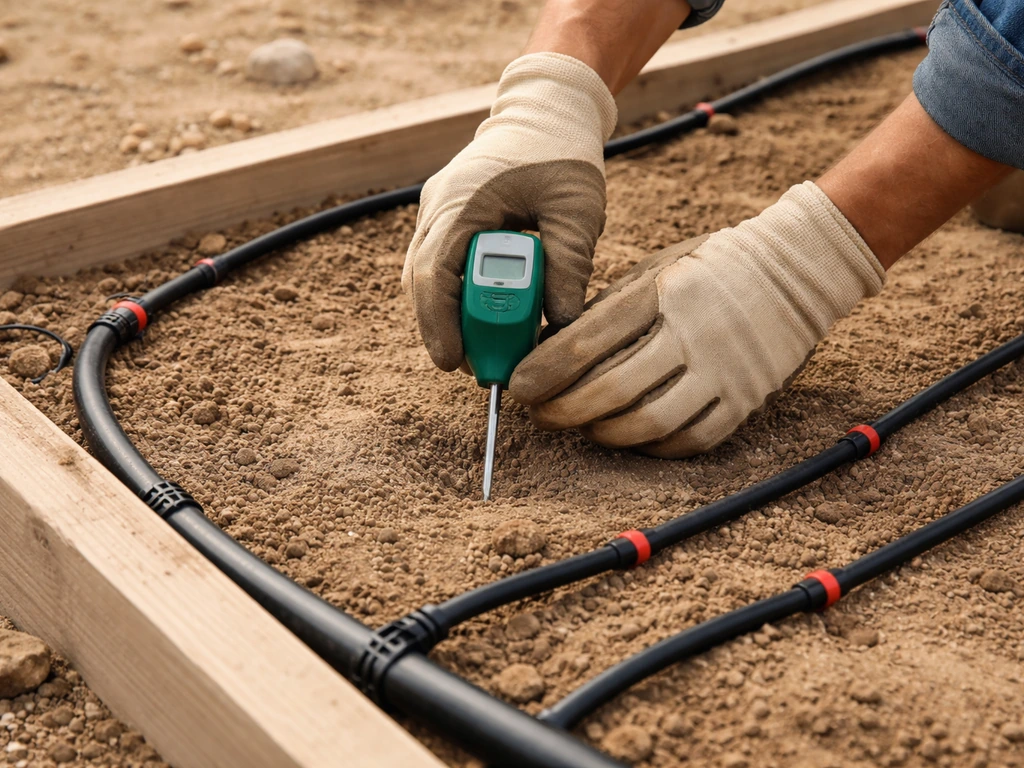 Gardener inspecting dry soil and adjusting drip irrigation lines in a sparse desert garden bed.