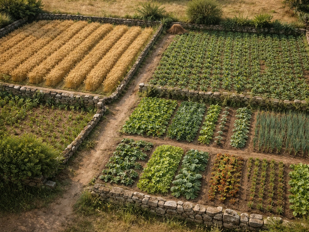 Overhead view of small medieval peasant farmland plots with grains, legumes, and a nearby kitchen garden