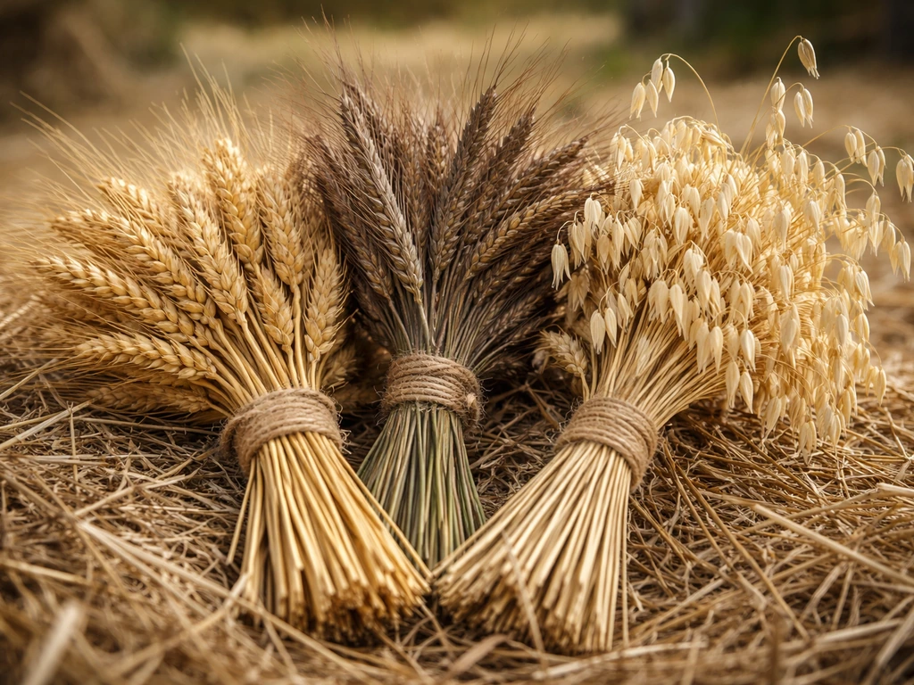 Close-up of medieval wheat, rye, and oat grain sheaves with straw textures in soft natural light.