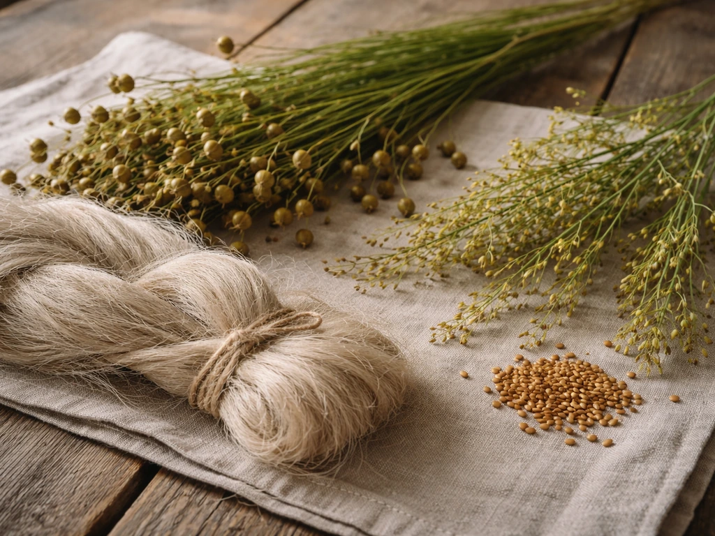 Flax and camelina seed pods with linen-like fibers and oil seeds laid on rustic linen cloth.