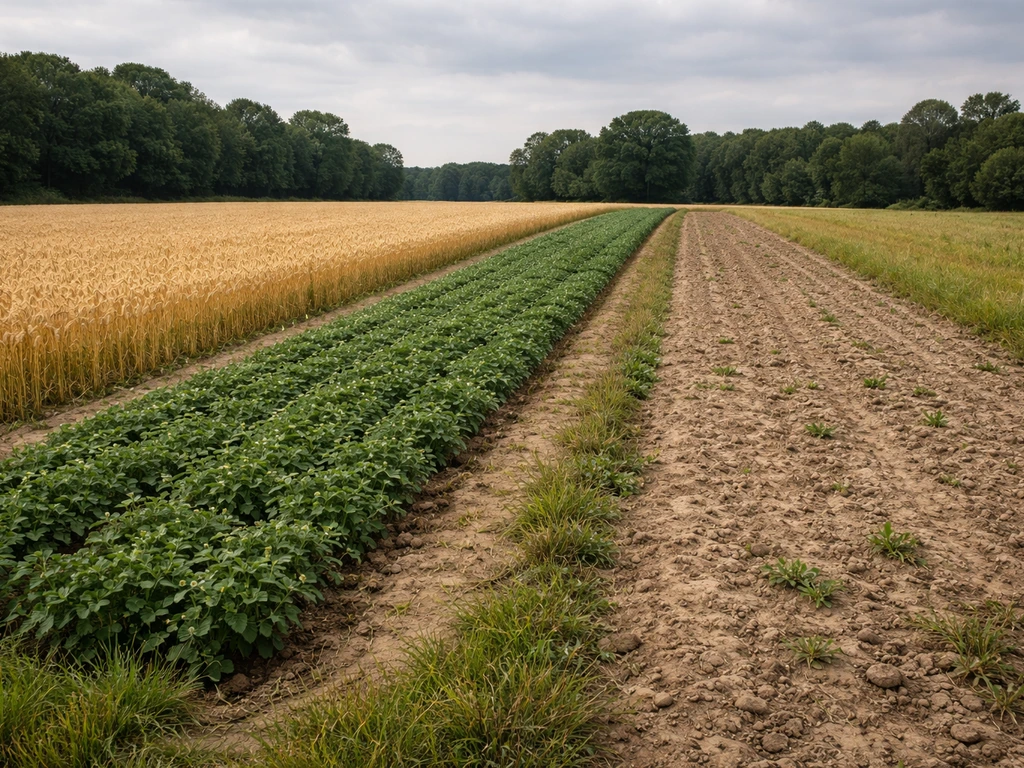 A simple three-field medieval rotation layout with wheat, legumes, and fallow plots in a realistic farm field.