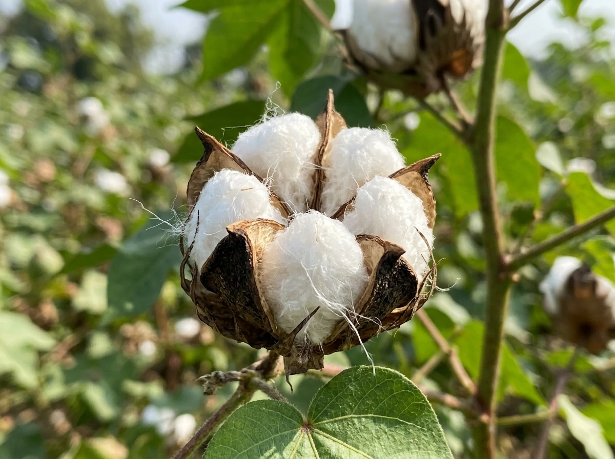 Mature cotton boll with cracked shell and dried lint ready to pick