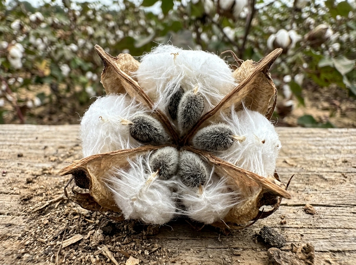 Cotton boll cross-section showing lint fibers and seeds