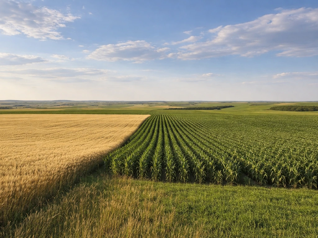 Panoramic view of Great Plains farmland with wheat and corn fields stretching to the horizon under a big sky.
