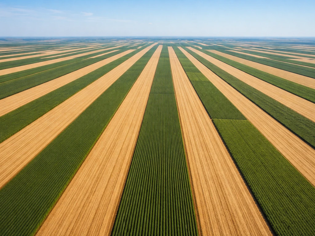 Aerial view of the Plains showing north-to-south striped crop bands transitioning east-to-west.