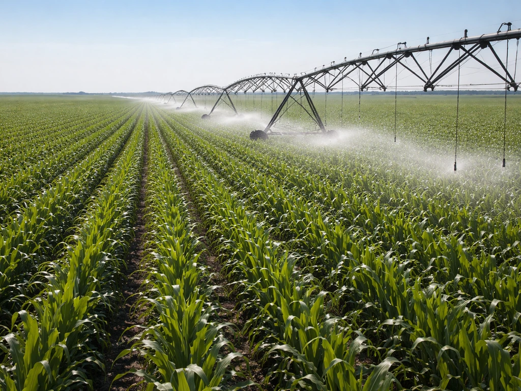 Nebraska irrigated cornfield with center-pivot sprinkler watering green rows under clear sky.