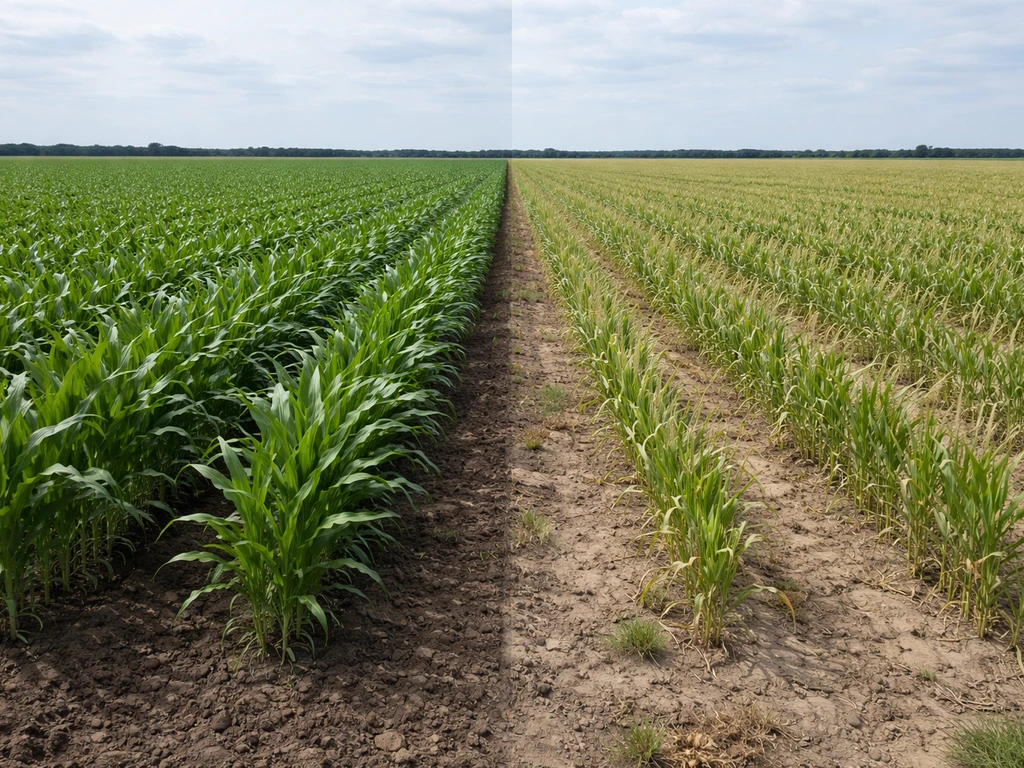 Lush irrigated corn field beside drier dryland crops in a simple split landscape.