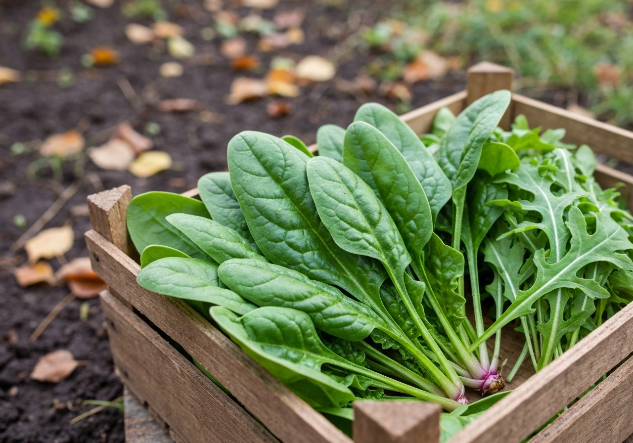 Frost-speckled spinach and arugula leaves in a wooden crate in an autumn garden.