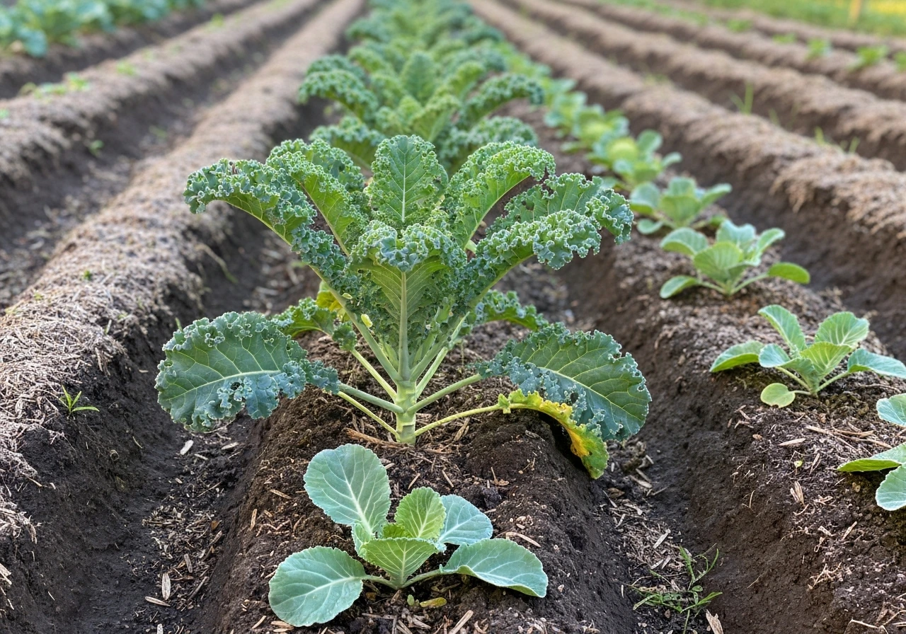 Close view of spaced kale and cabbage/cauliflower seedlings in a fall garden bed with visible row lines.