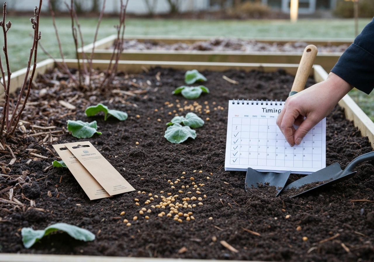 Seed packets and a blank calendar sheet beside a frosty raised bed as seeds are planted.
