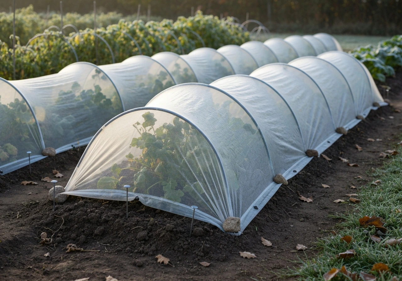 Floating row cover arched over a fall garden bed, edges anchored in soil with small rocks.
