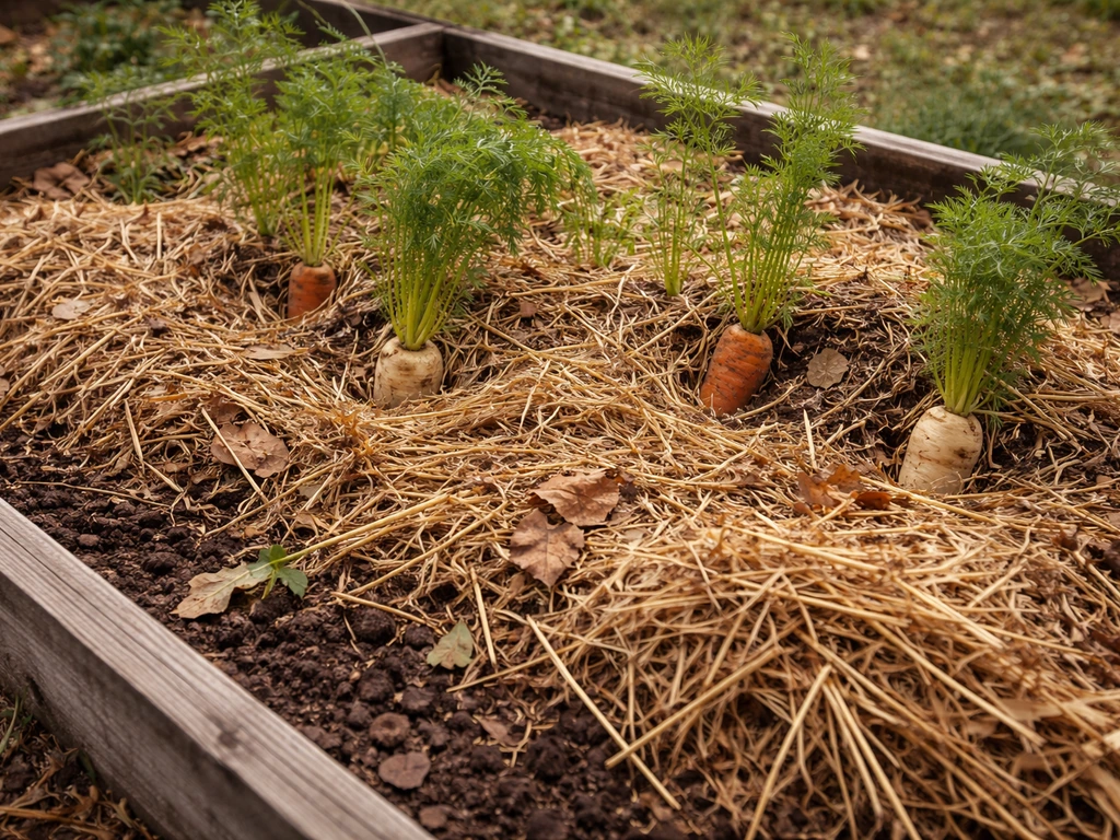 Root crop bed with carrots and parsnips partially harvested, covered by thick straw mulch before cold weather.