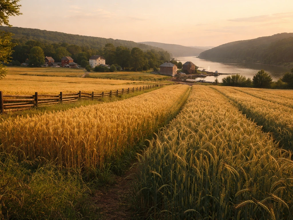 Golden grain fields in a river valley with a distant water mill and quiet colonial farm activity