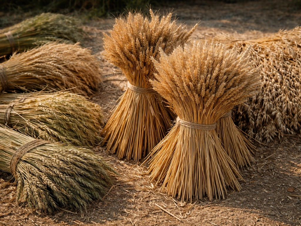 Close-up of stacked harvested grain sheaves—wheat, rye, barley, and oats—in warm daylight.