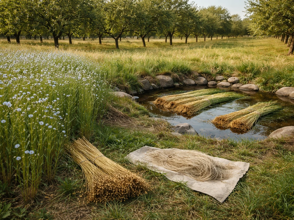 Close view of flax plants with nearby linen fiber processing and distant orchard rows on a rural farm