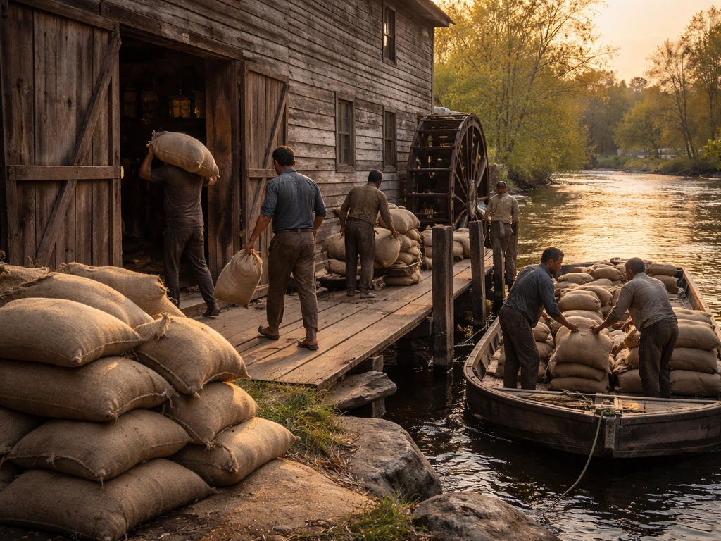 Wooden grist mill on a river with grain sacks and an anonymous loading team preparing a docked flatboat.