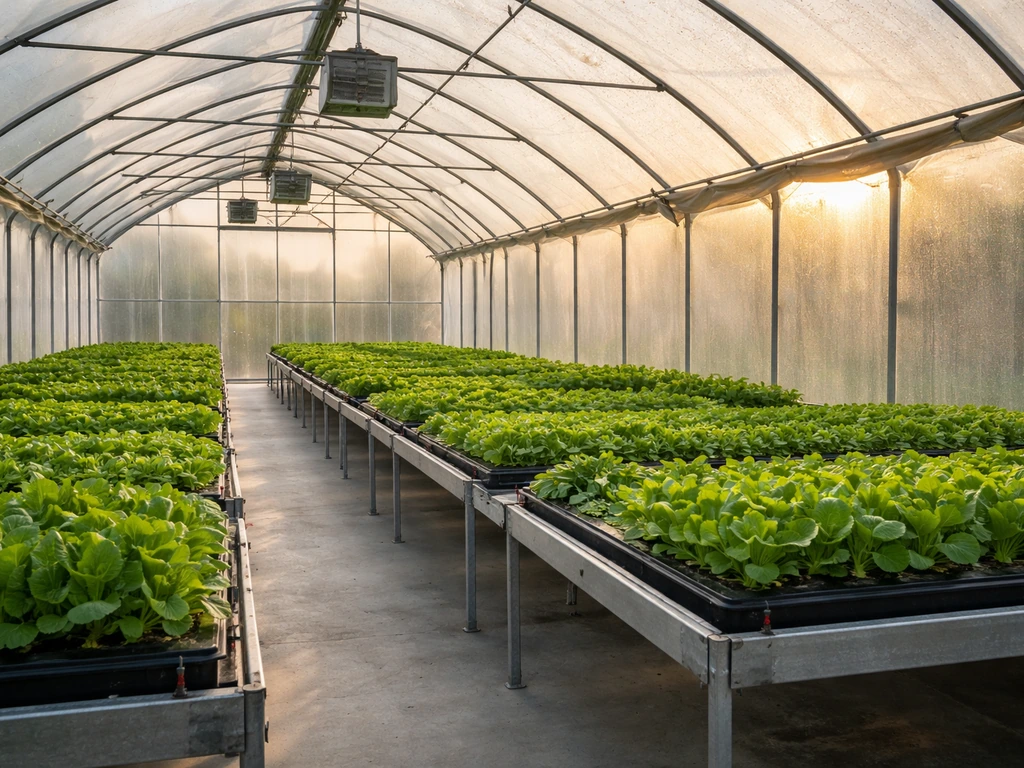Minimal view inside a greenhouse high tunnel with leafy greens on benches and visible venting and drip lines.