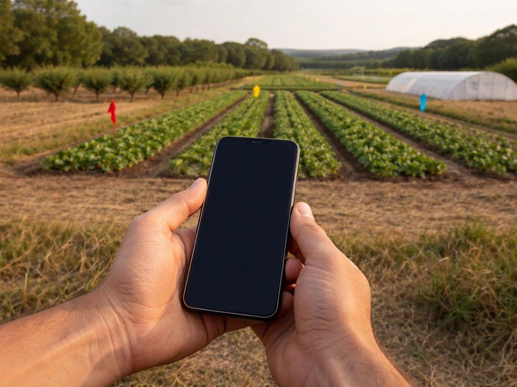 Farmer holding a phone above fields with simple stakes marking different crop areas, rural landscape.
