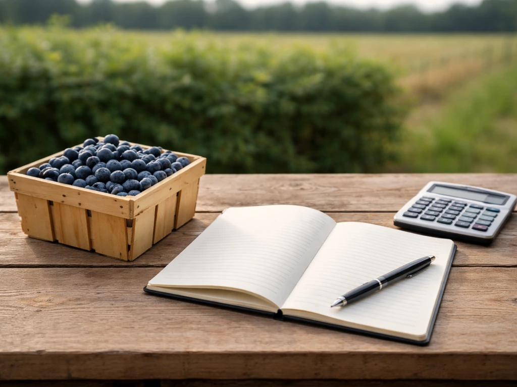 Minimal farm desk scene with a notebook and berry basket suggesting crop cost versus profit.