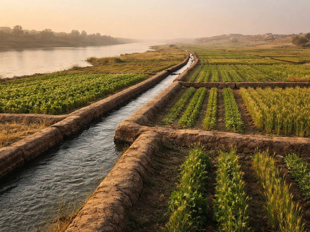 Cinematic view of irrigated Mesopotamian fields and canals along a fertile river floodplain.