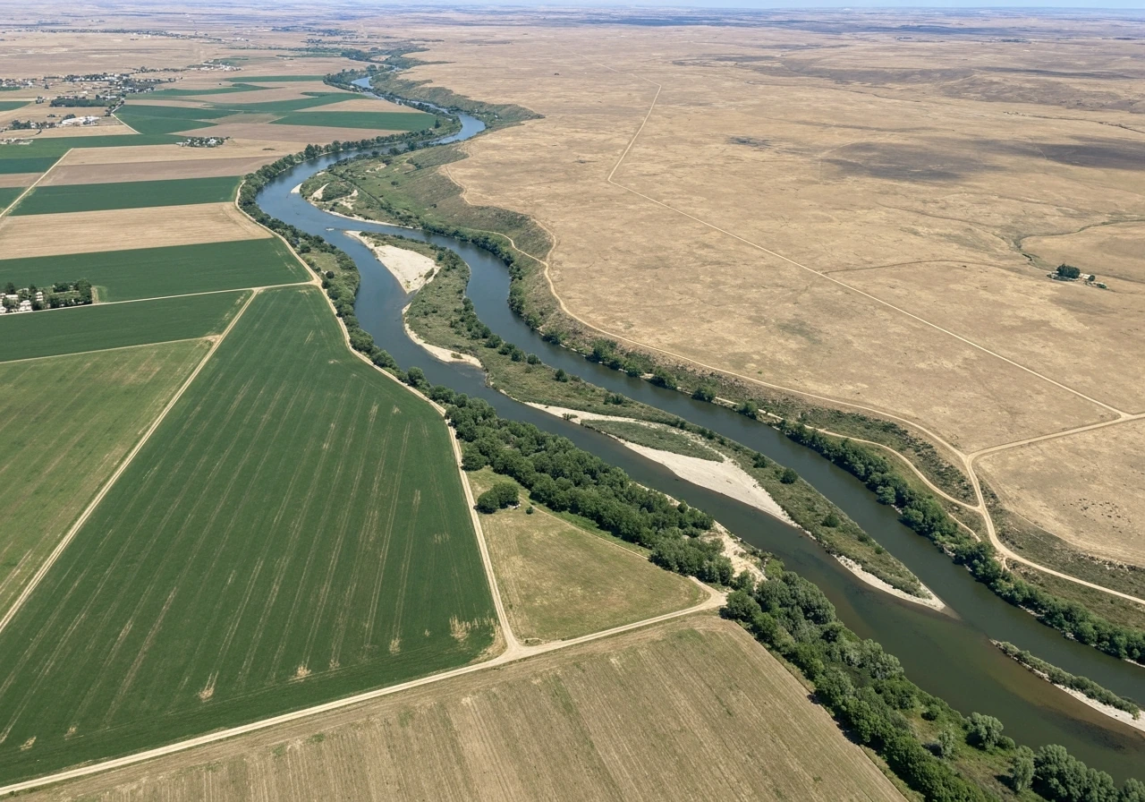 Photo of a simple aerial view of two rivers with green valley farms separating drier plains, symbolizing Mesopotamia.