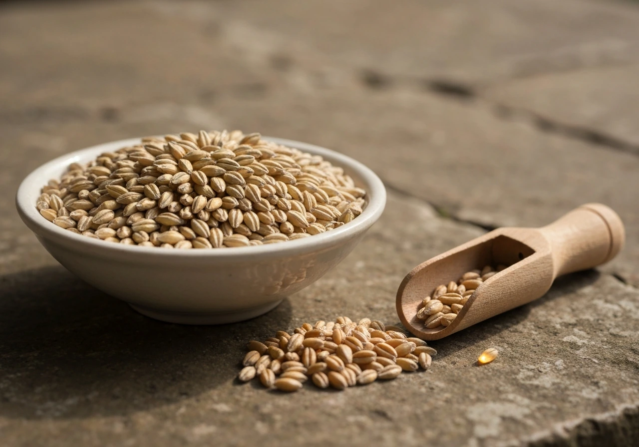Barley grains in a bowl with a few wheat grains on a stone surface in natural light.