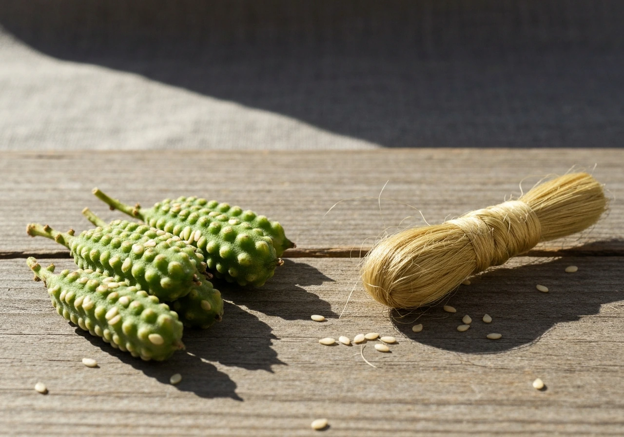 Sesame seed pods and flax fibers laid out on a wooden table to suggest oil and linen making.