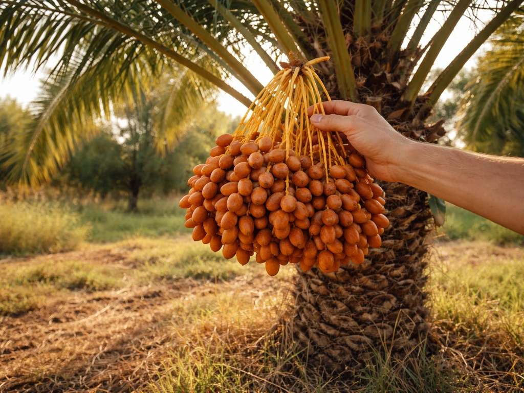 Ripe date clusters on a palm with a hand reaching to harvest in warm natural sunlight.
