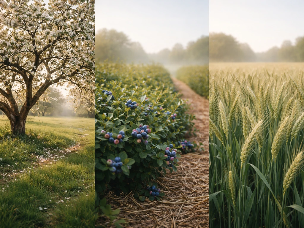 Split farmland scene showing three slow crops—apple tree, blueberry bush, and winter wheat—suggesting long growth timeli
