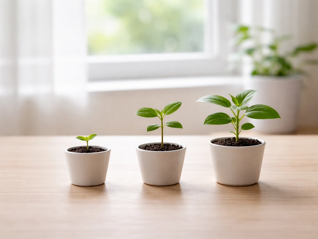 Three potted plants at different growth stages arranged left to right like a simple timeline.