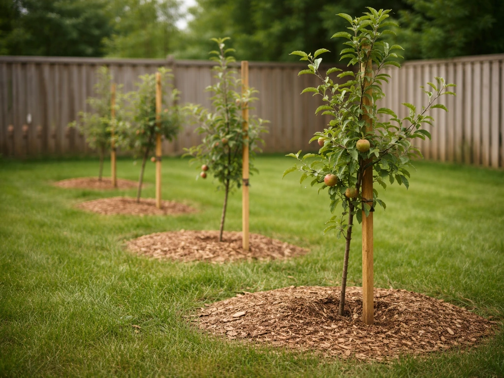 Backyard apple tree orchard with small apples in early season, branches and fence in view