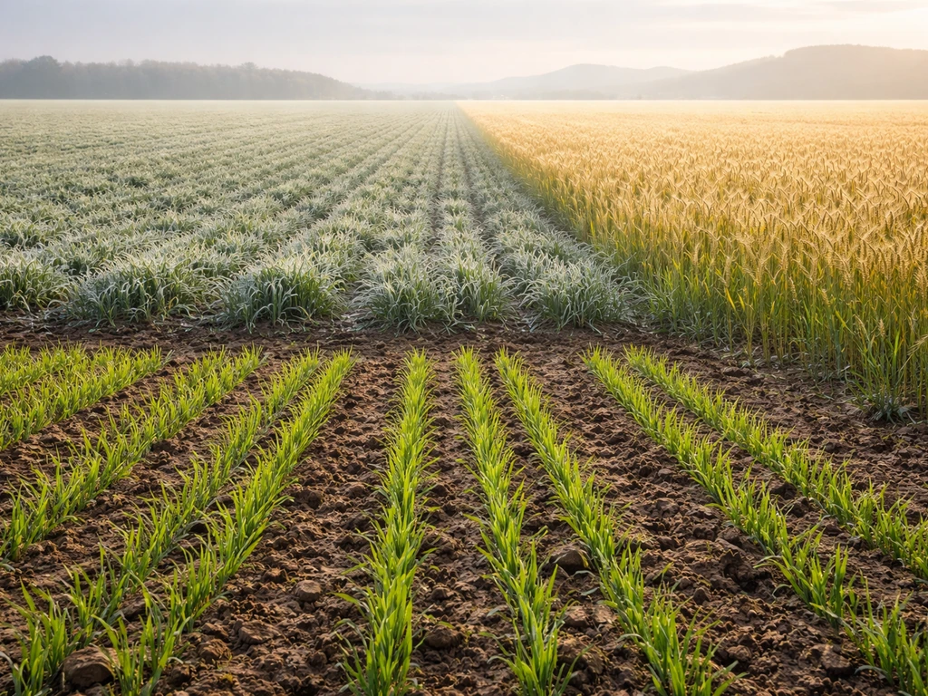 Winter wheat field showing fall planting, winter dormancy, and next-summer growth in one view