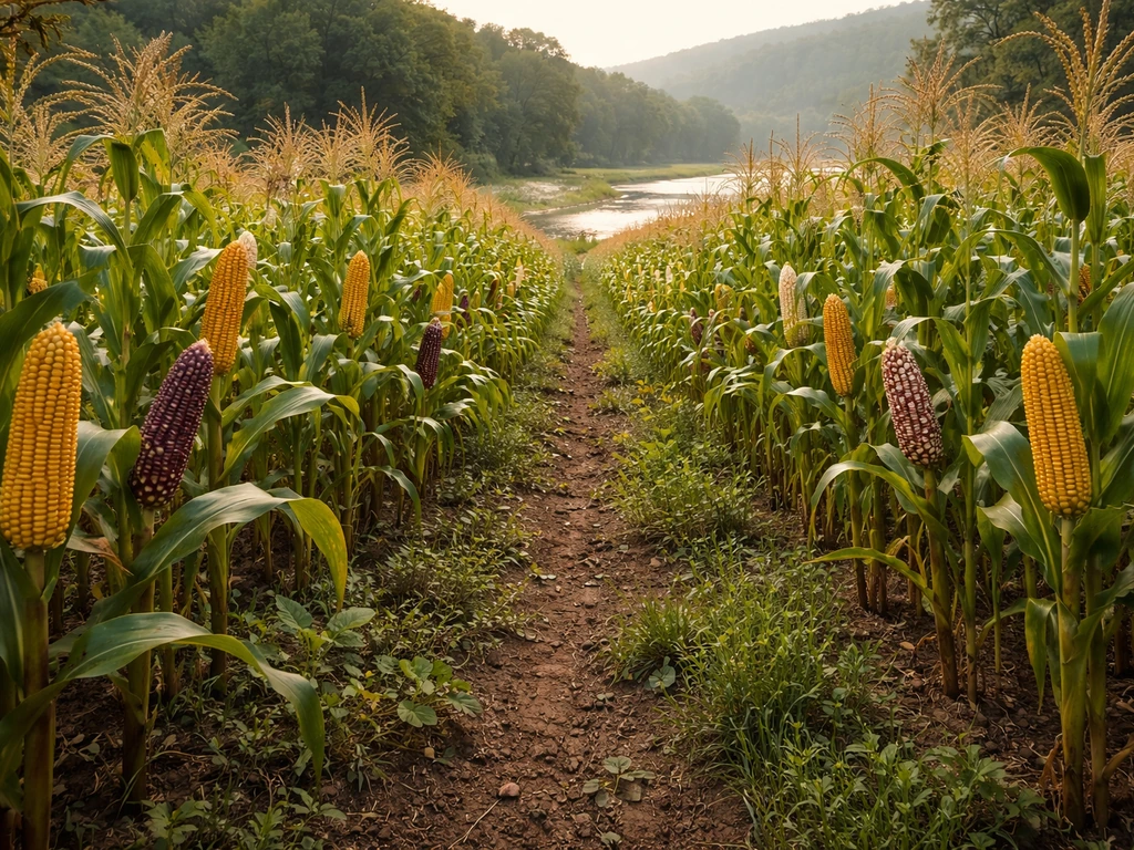 Ground-level view of a cornfield in a river valley with diverse maize varieties in rows.