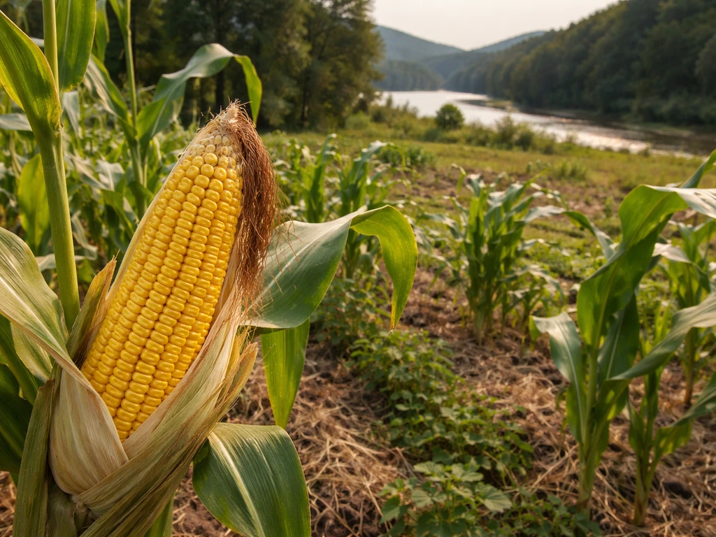 Mature maize ears among growing corn in a sunlit river-valley field