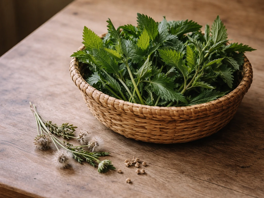 Closeup of a basket of fresh wild greens with a few seeds and dried plant parts on a wooden table.